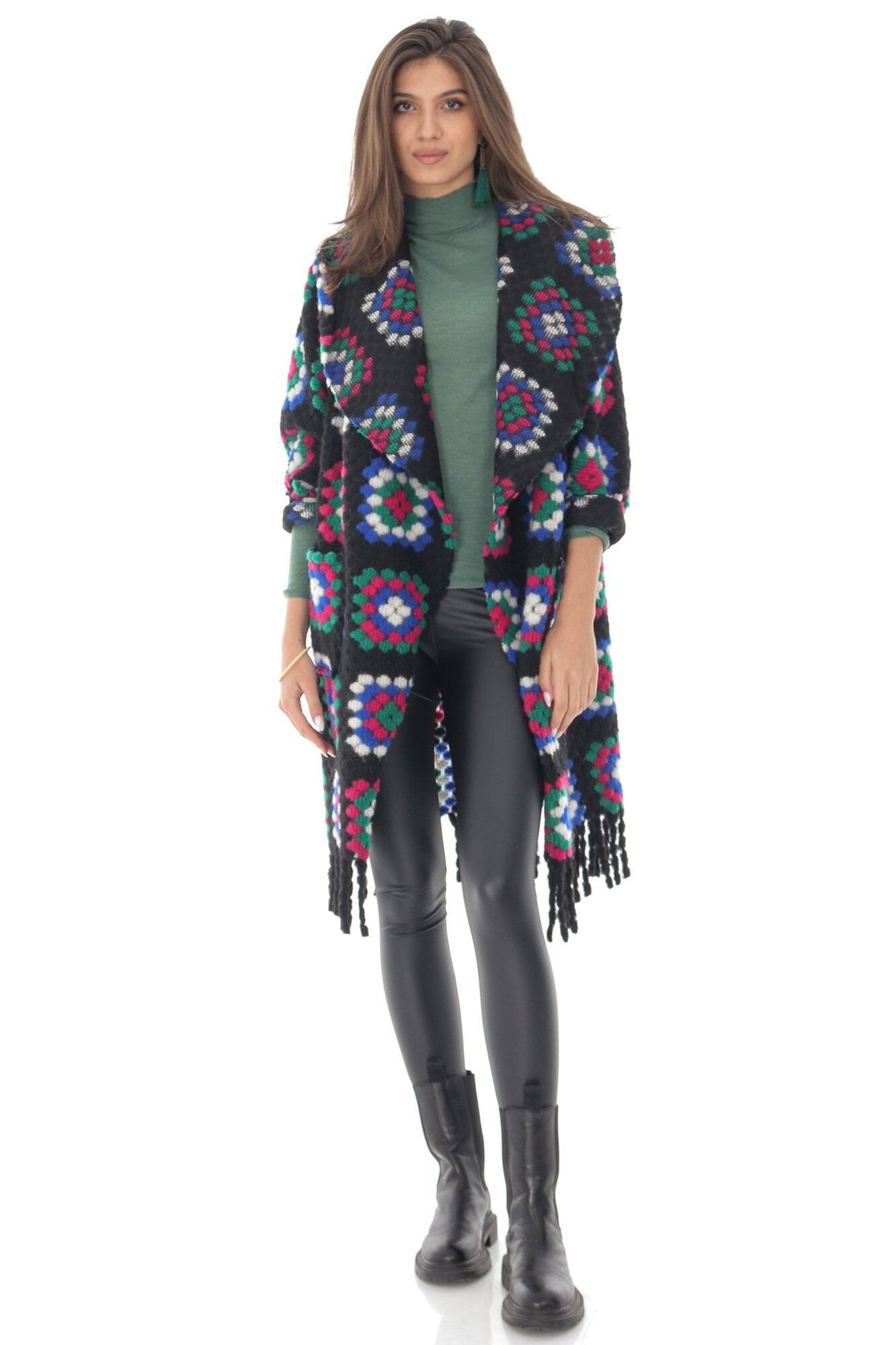 Jacheta de dama, ROH JR549, negru, cu buzunare si franjuri, ONESIZE