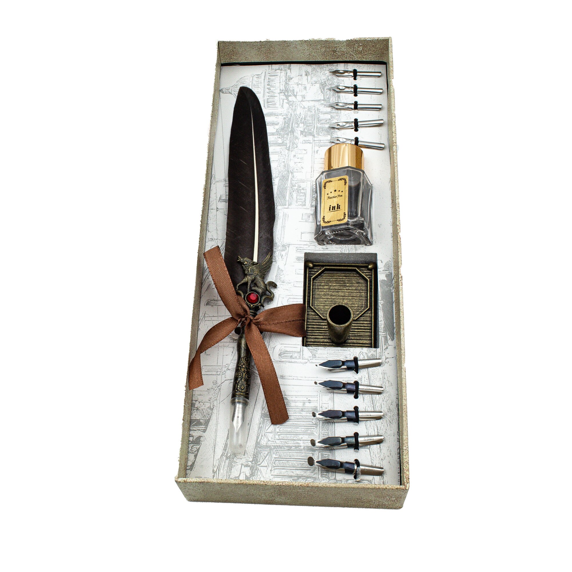 Set Stilou Vintage cu Pana de Gasca, 10 Penite, Calimara si Suport, Gri