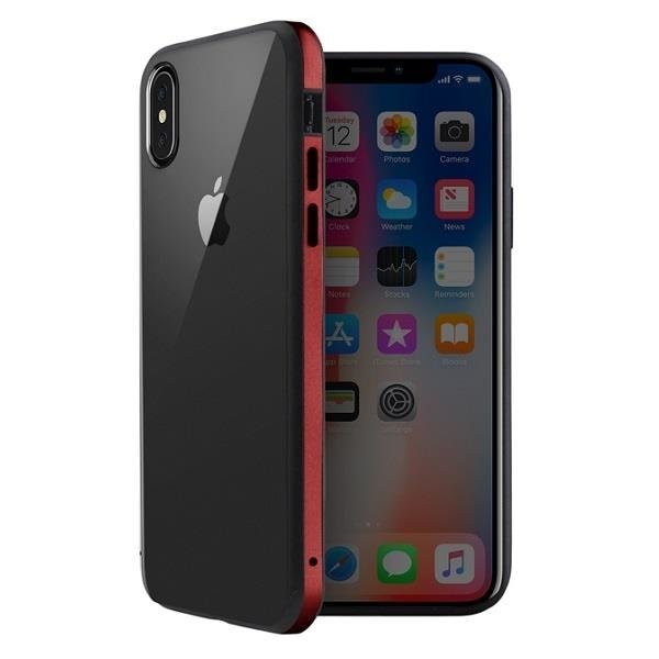 Husa de protectie Uniq Valencia Clear pentru iPhone XS Max, Policarbonat, Aluminiu, Transparent/Rosu