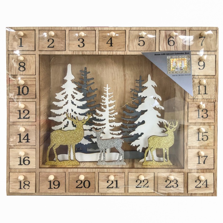 Коледен LED календар с мотиви елени в гората, Светещ, От дърво
