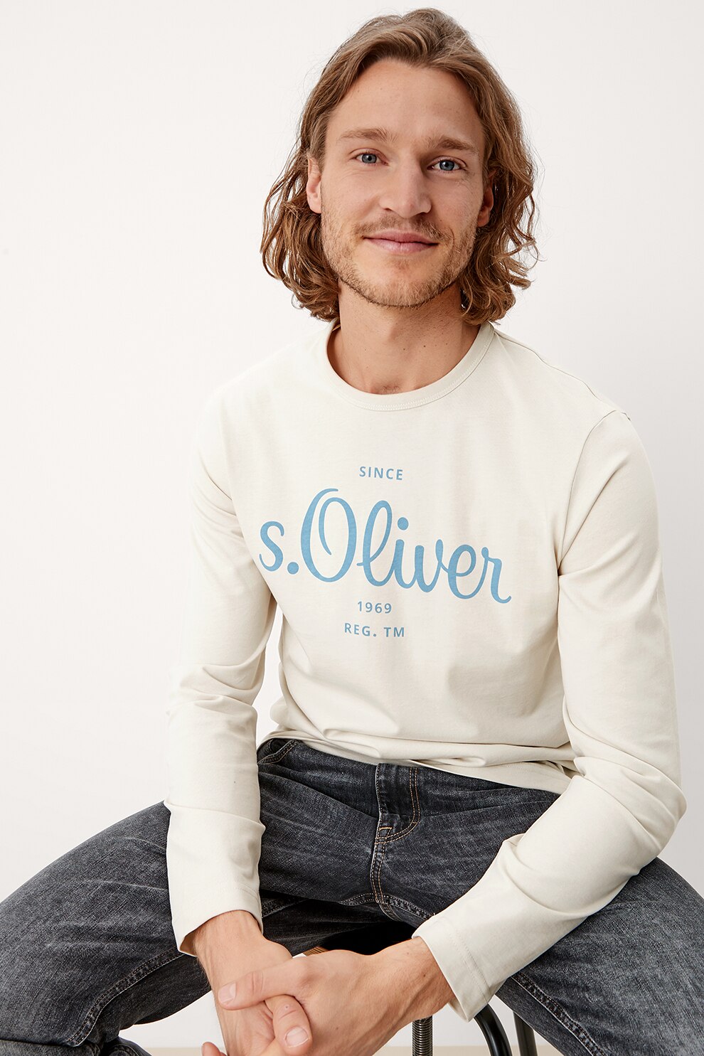 s.Oliver, Bluza de bumbac cu logo, Crem/Albastru, L