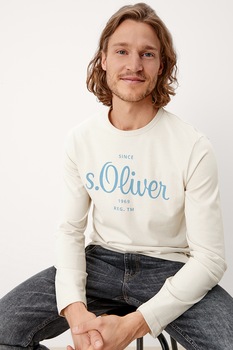s.Oliver, Bluza de bumbac cu logo, Crem/Albastru, L s.Oliver, Bluza de bumbac cu logo, Crem/Albastru, L