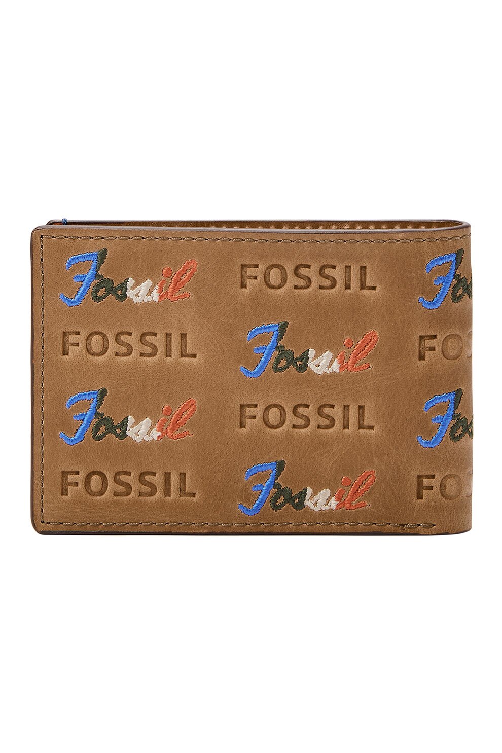 Fossil, Portofel de piele cu model logo Bronson, Camel/Albastru/Oranj