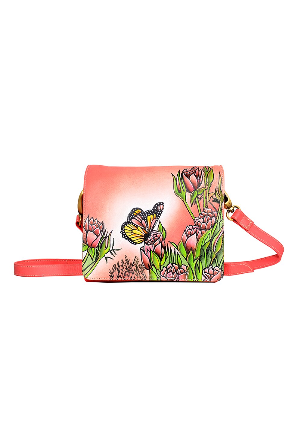 Niarvi, Geanta crossbody de piele pictata manual, Verde, Roz somon