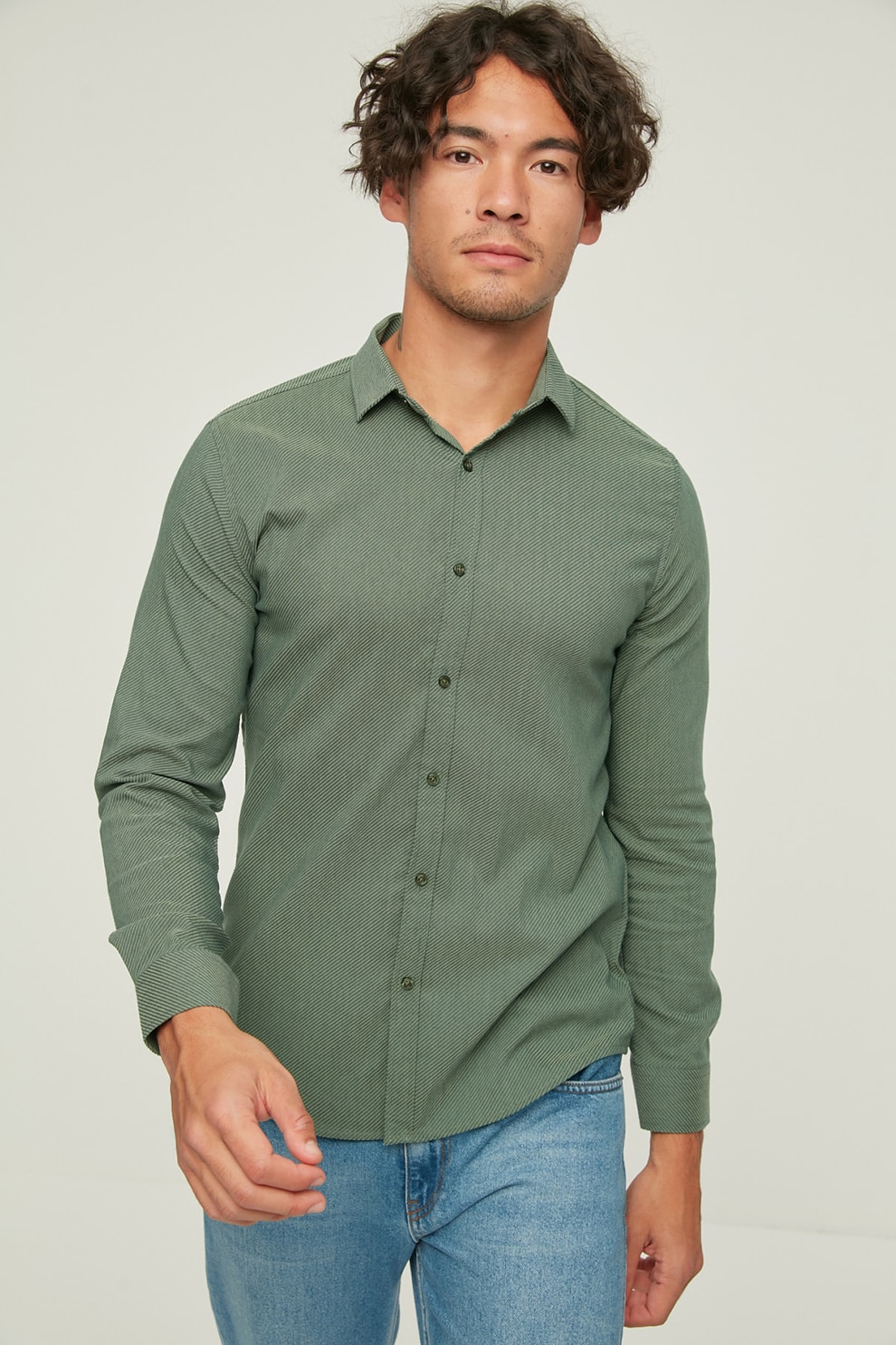 Trendyol, Camasa slim fit din amestec de bumbac, Verde feriga