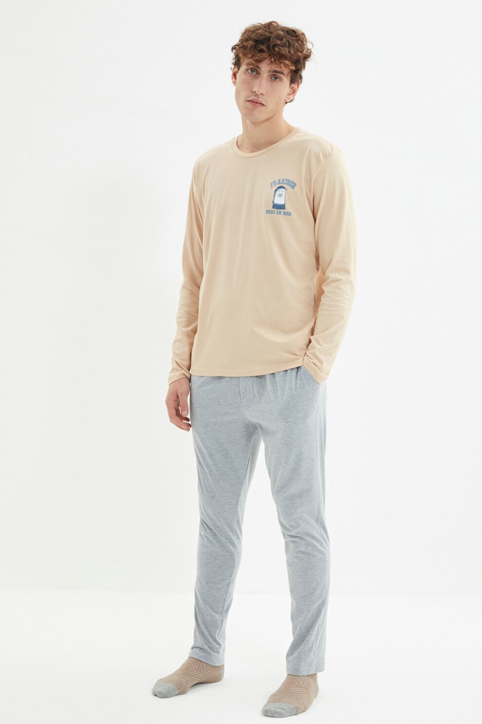 Trendyol, Pijama de bumbac cu imprimeu grafic, bej, gri melange deschis, S