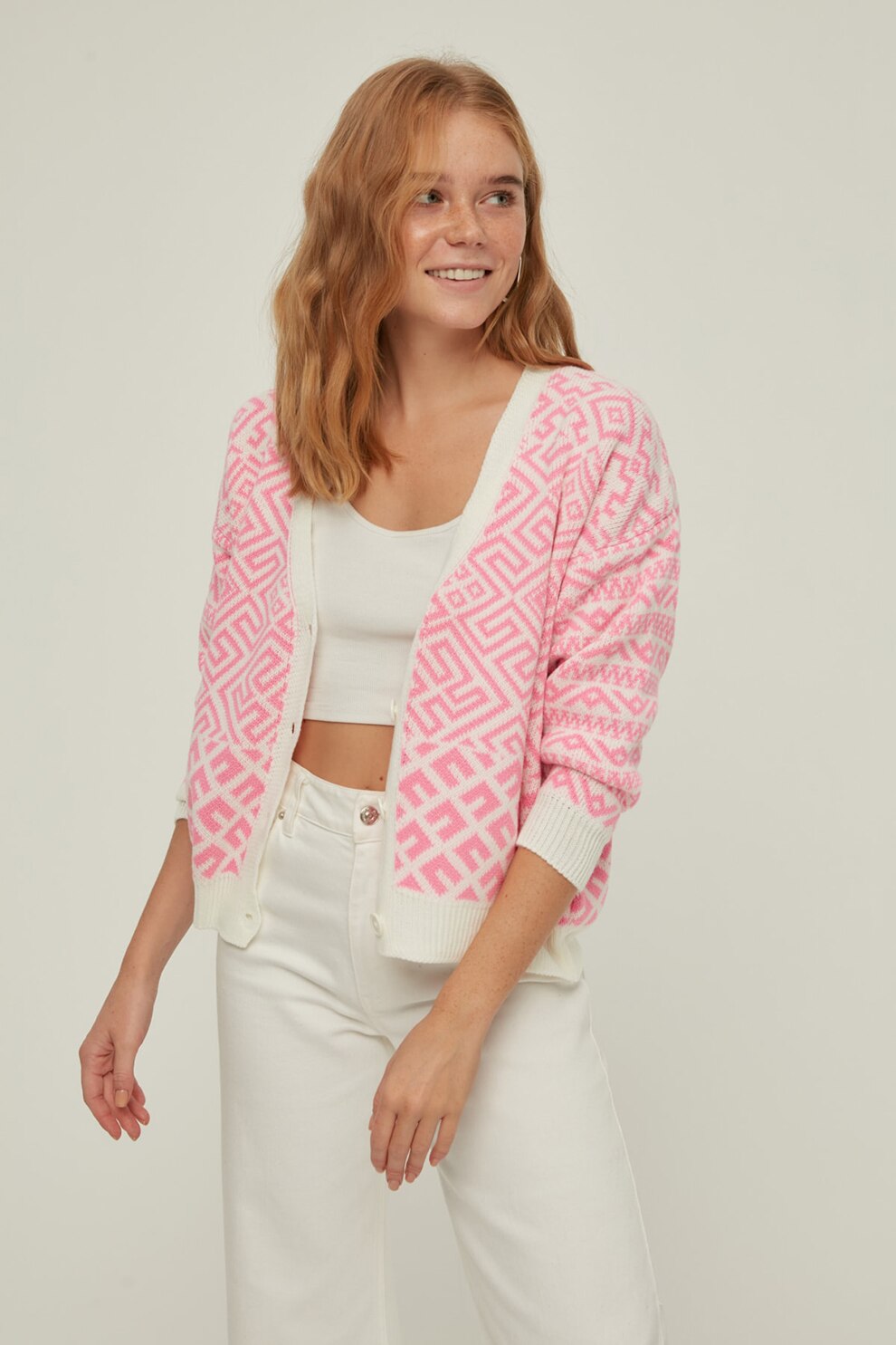 Trendyol, Cardigan cu decolteu in V si model geometric, Roz/Alb
