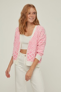 Trendyol, Cardigan cu decolteu in V si model geometric, Roz/Alb Trendyol, Cardigan cu decolteu in V si model geometric, Roz/Alb