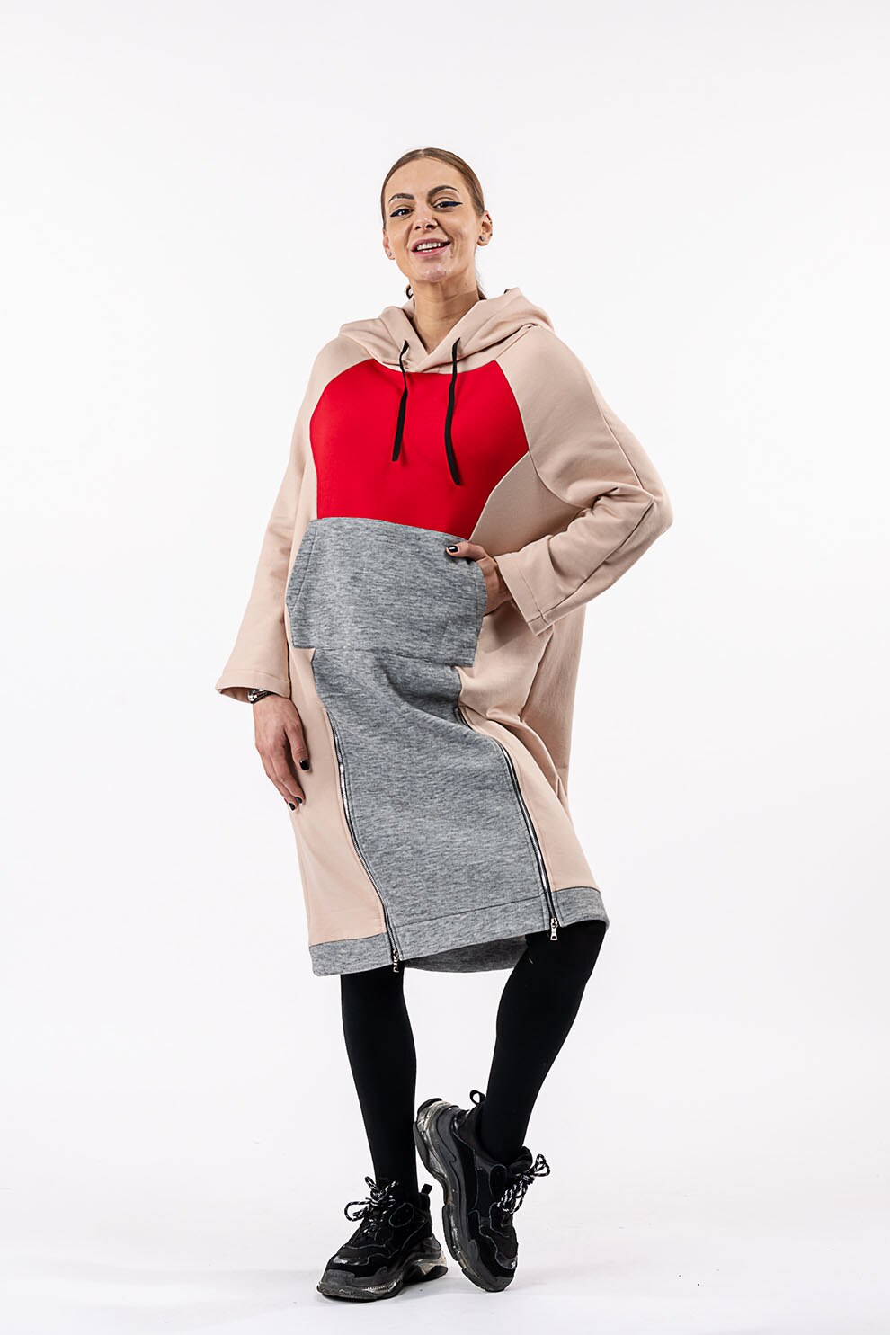 Antonia M, Rochie midi tip hanorac cu model colorblock, Rosu/Roz pal