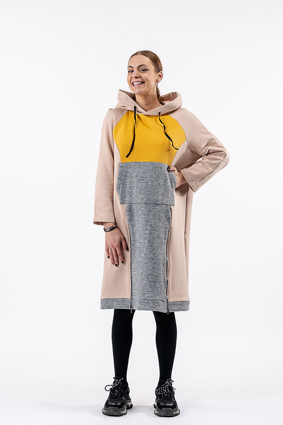 Antonia M, Rochie tip hanorac cu model colorblock, Galben/Roz pal