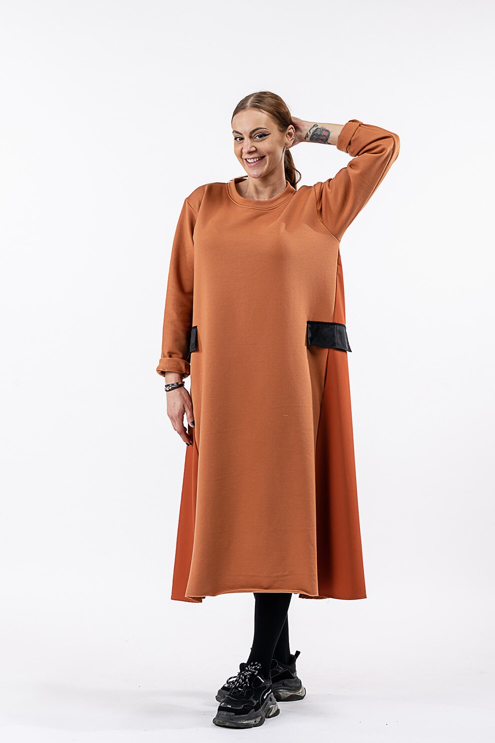 Antonia M, Rochie midi tip bluza sport supradimensionata, Maro caramel