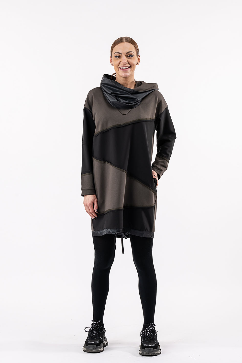 Antonia M, Rochie scurta cu guler sal, Taupe/Negru