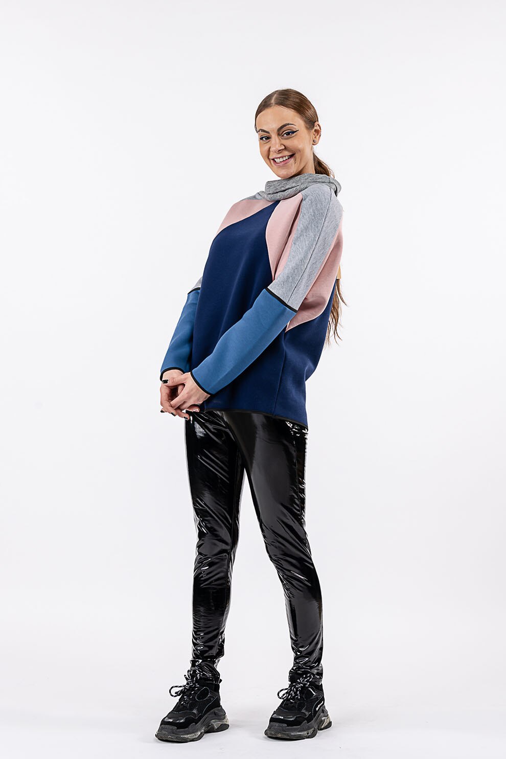 Antonia M, Bluza sport cu guler tip sal, Albastru inchis/Roz/Gri