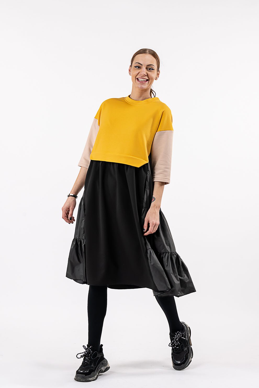 Antonia M, Rochie evazata cu model colorblock, Galben/Negru