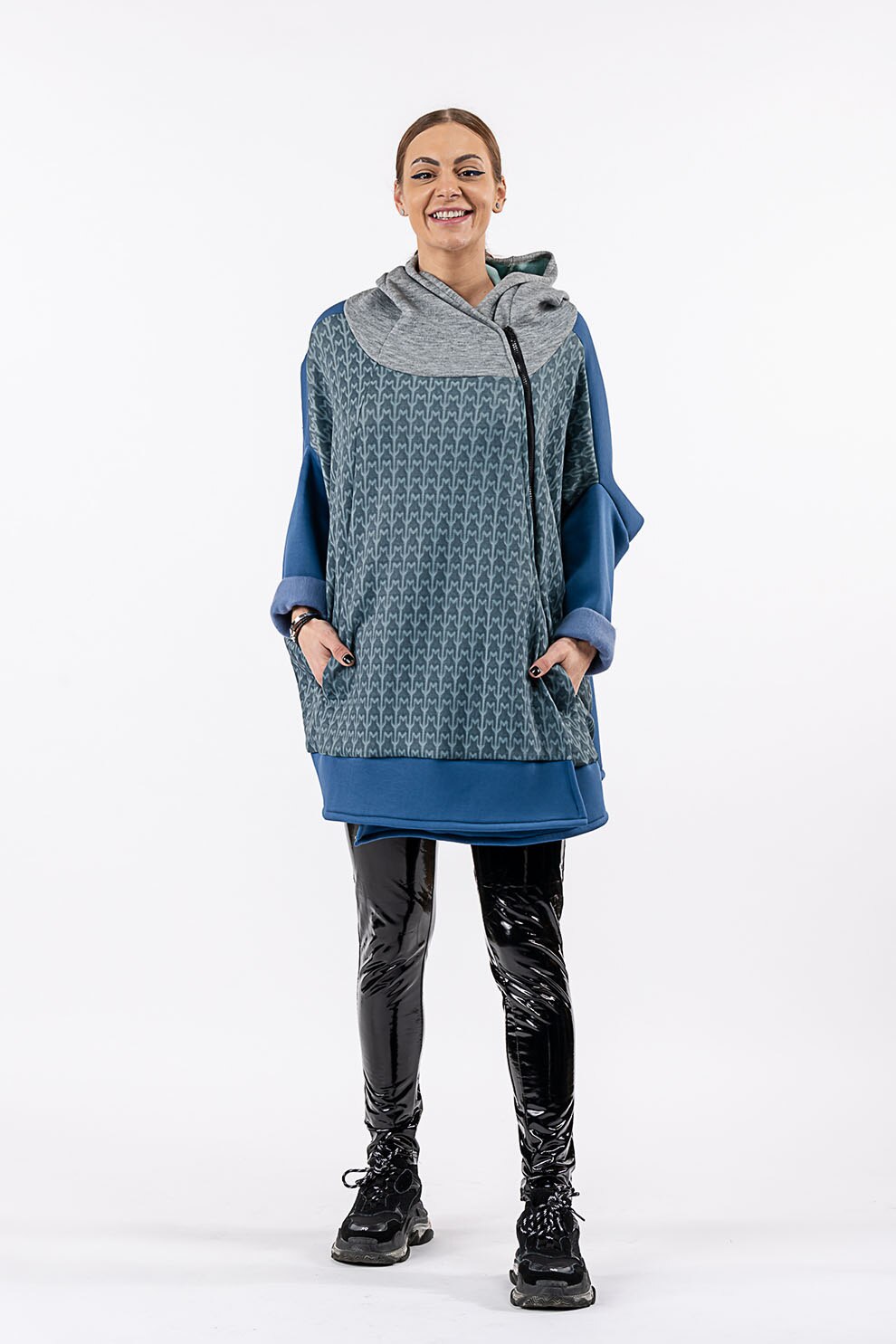 Antonia M, Hanorac lung supradimensionat cu fermoar asimetric, Albastru/Gri