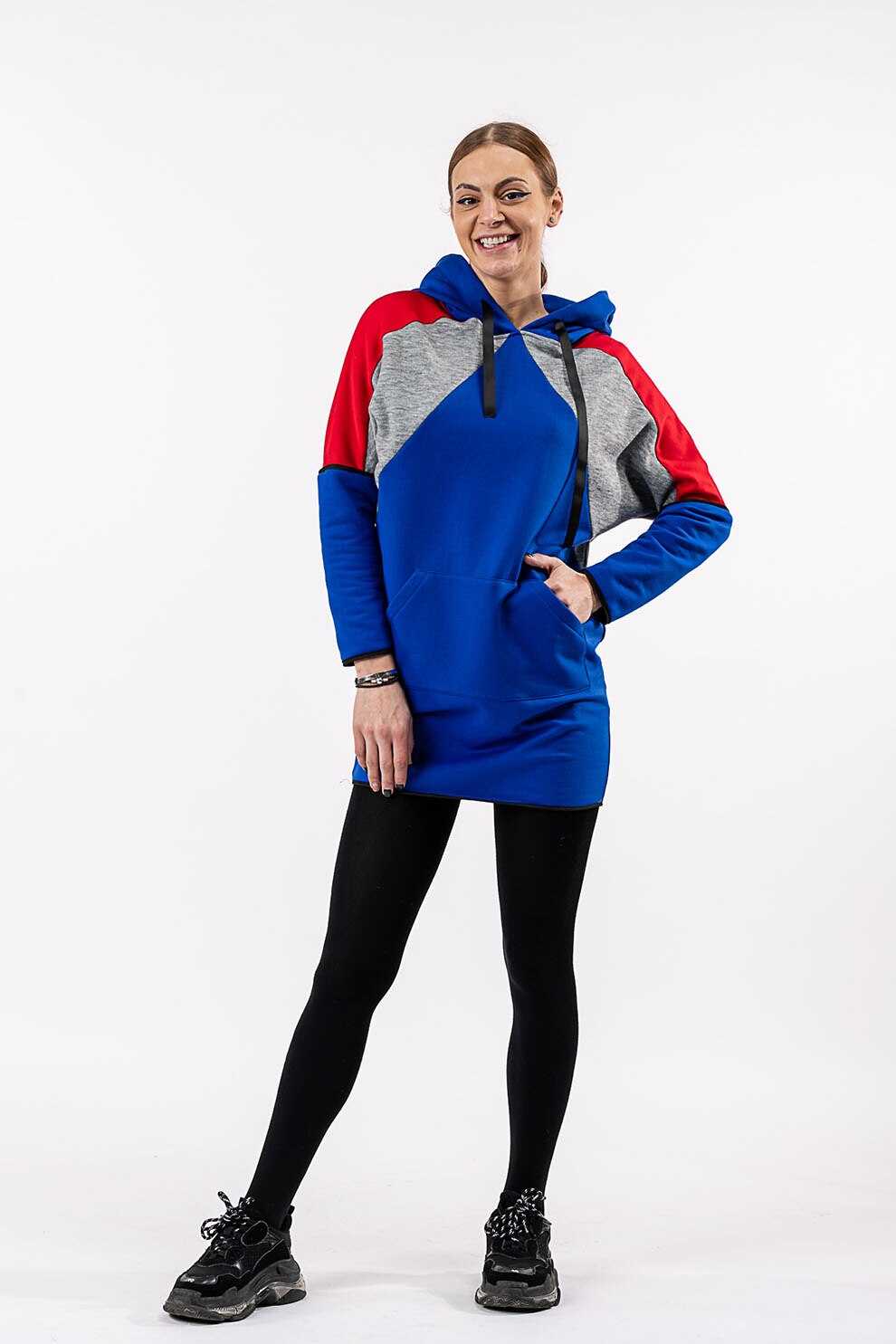 Antonia M, Rochie tip hanorac cu buzunar kangaroo, Rosu/Albastru/Gri