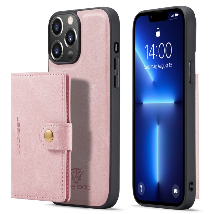 iPhone 13 Pro, CaseMe tok, puha textúrájú bőr, hátlap, levehető mini pénztárca, Rózsaszín