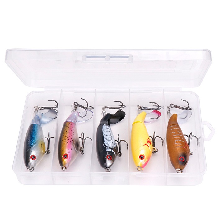 Set 5 momeli artificiale FISHINGBOX floating / wobblers 8 cm 14 g, momeli pentru pescuit la stiuca si biban, vibratie atractiva la suprafata, lure artificial pesca sportiva