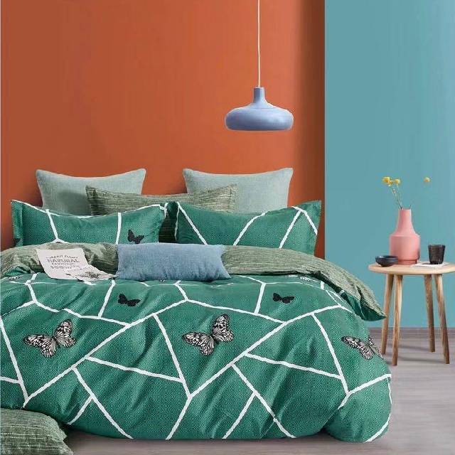 Lenjerie de pat dublu din Bumbac Satinat, 4 piese Syggy Geo Verde 235 x 240