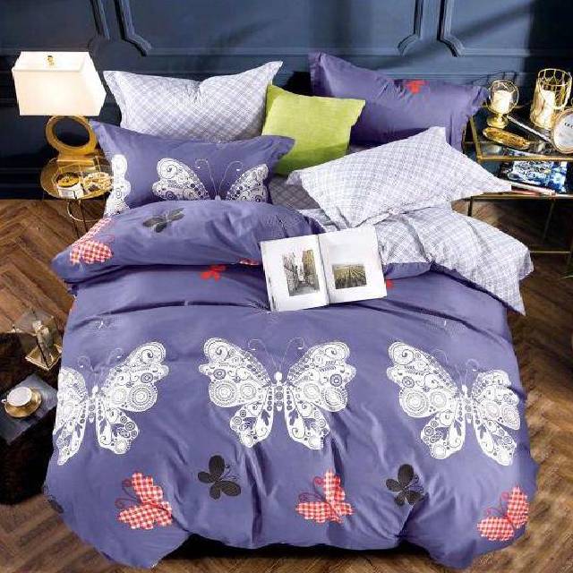 Lenjerie de pat dublu din Bumbac Satinat, 4 piese Syggy Fluturi Mov 235 x 240