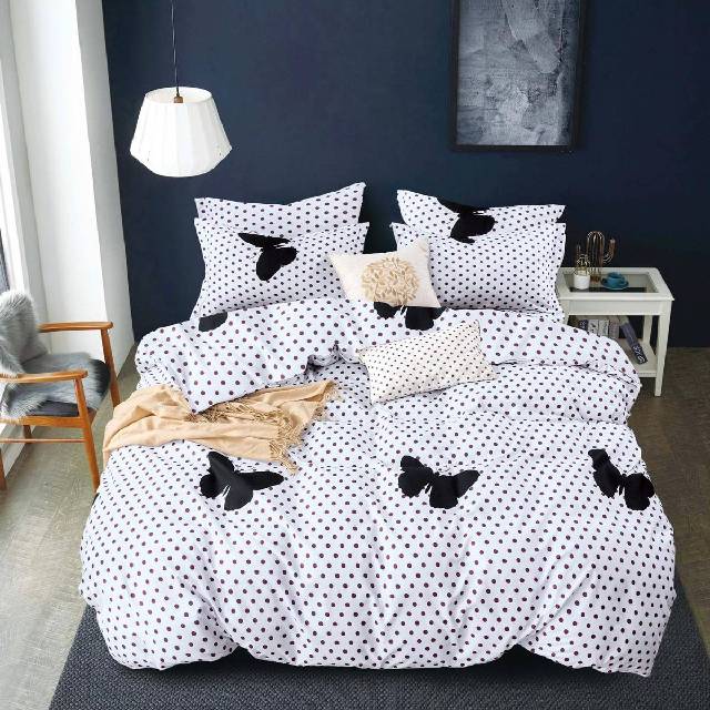 Lenjerie de pat dublu din Bumbac Satinat, 4 piese Syggy Black Dots 235 x 240