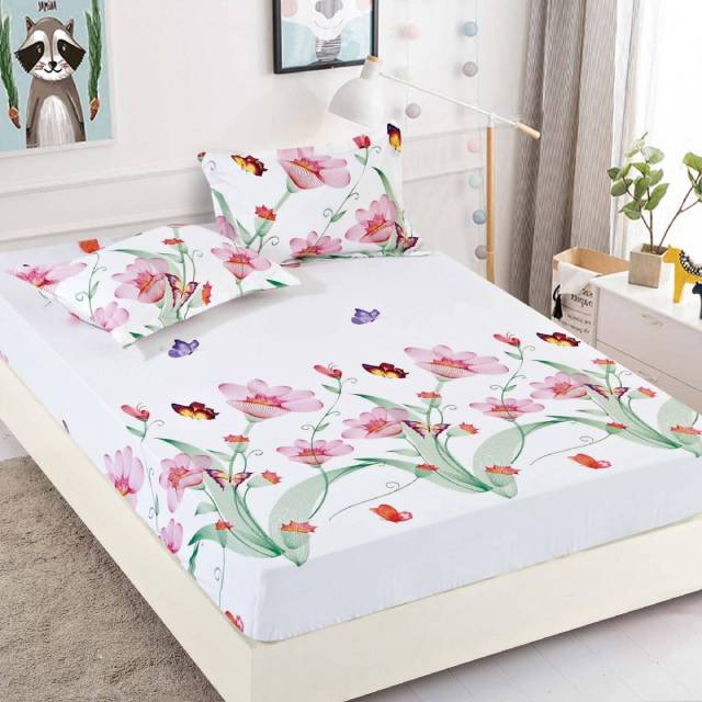 Husa de pat, 3 piese din Bumbac Finet, Syggy Flori Roz 140-180 x 200