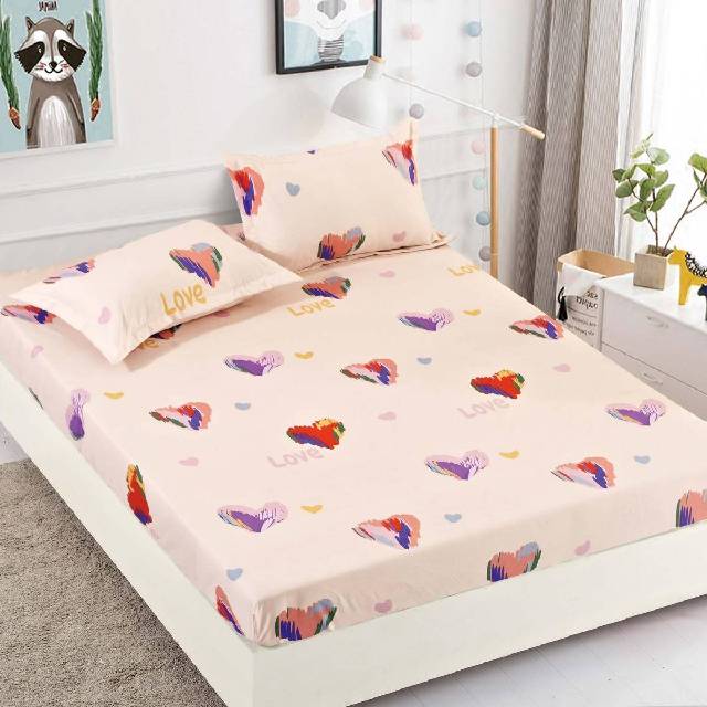 Husa de pat, 3 piese din Bumbac Finet, Syggy Inimioare Curcubeu 140-180 x 200