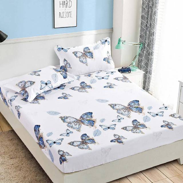 Husa de pat, 3 piese din Bumbac Finet, Syggy Blue Butterfly 140-180 x 200