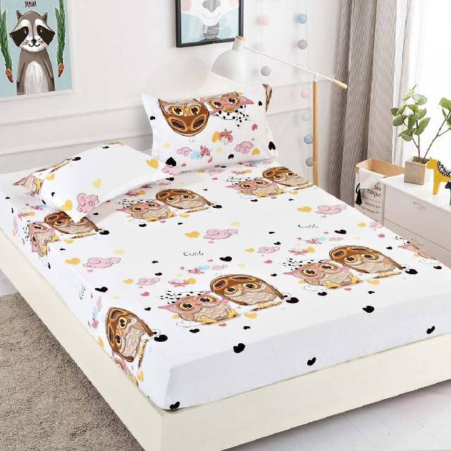 Husa de pat, 3 piese din Bumbac Finet, Syggy Bufnite 140-180 x 200