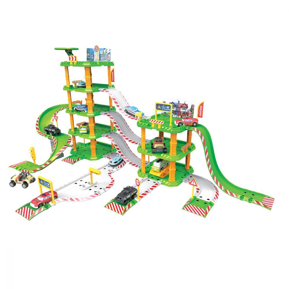 Set parcare pe 4 etaje cu 100 de elemente de constructie si decorare, 2 masinute si elicopter, pentru copii + 3 ani , ATS