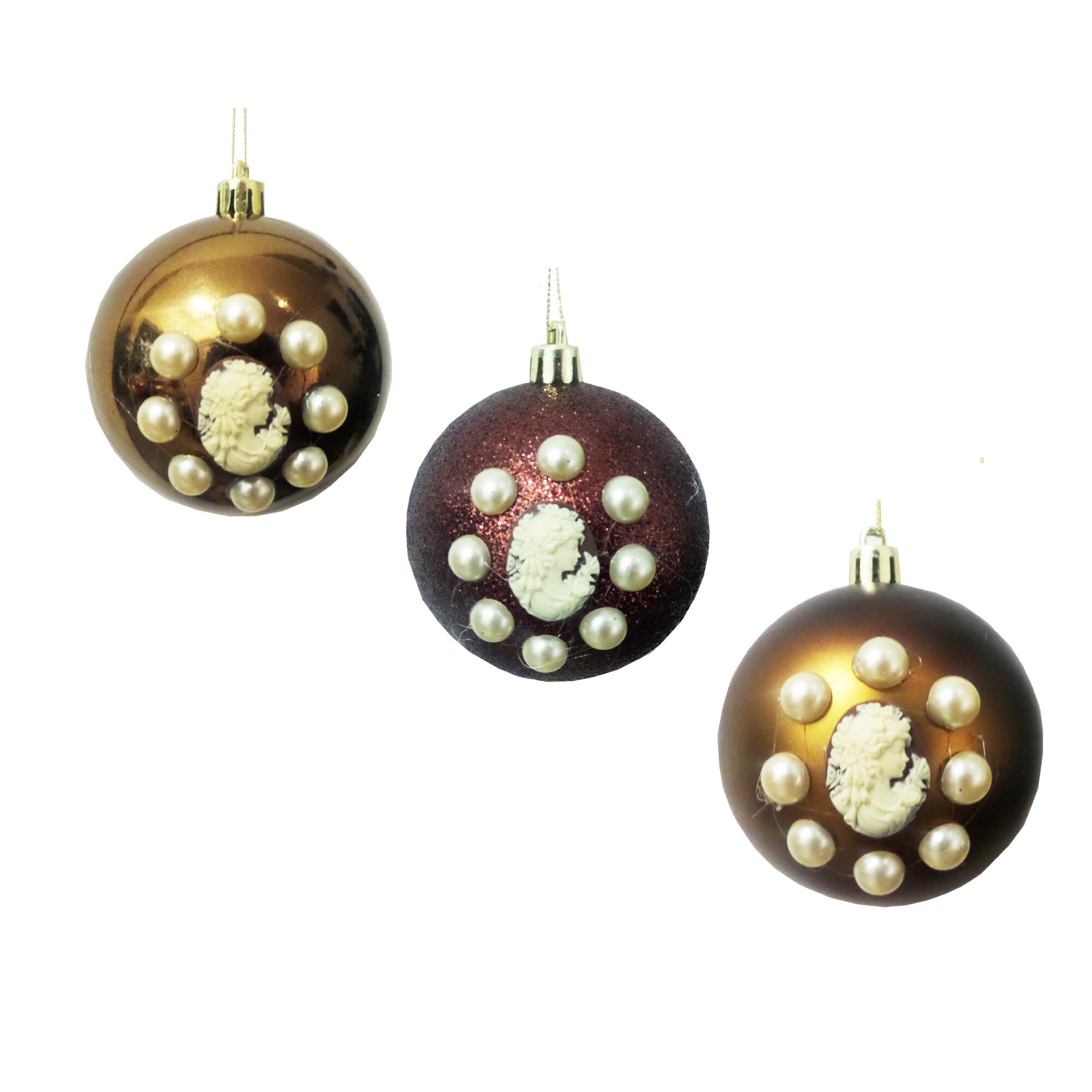 Set 3 Globuri Craciun Brad 8 cm Maro-Crem Lady Camee