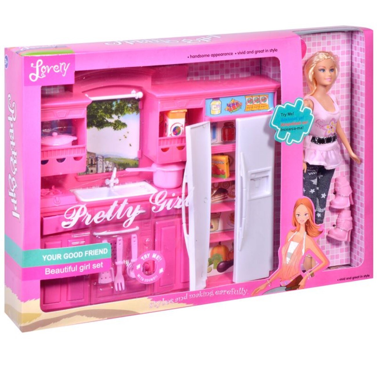 Set papusa cu mobila bucatarie, dulap, oale, chiuveta, de culoare roz, inaltime 28 cm