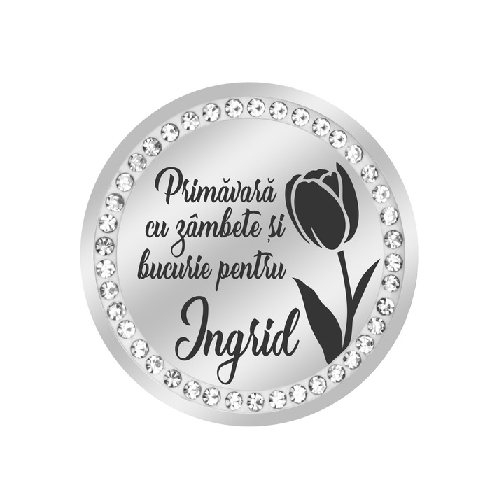 Martisor Brosa Inox Banut Pietre Nume Ingrid Argintiu