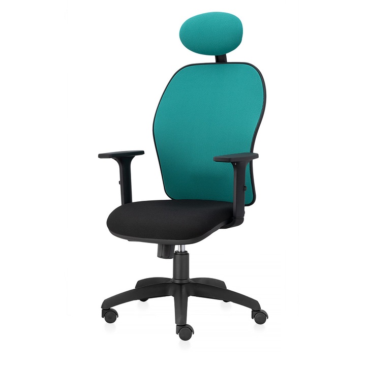 Scaun ergonomic de birou TRAFFIC CHAIRS AERO NET, sezut NEGRU, spatar si tetiera tip NET TURCOAZ, brate reglabile, mecanism multiblock, suport lombar reglabil