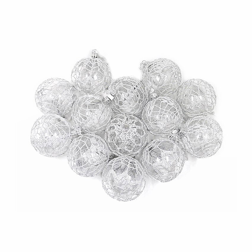 Set 6 globuri de sticla 8 cm, crosetate manual cu fir argintiu