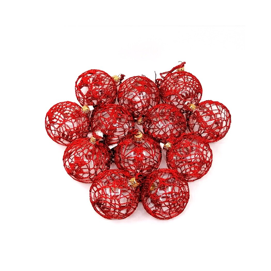 Set 12 globuri de sticla 7 cm, crosetate manual cu fir rosu