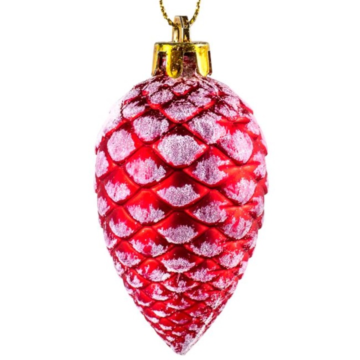 Set 4 ornamente de Craciun Shopiens® in forma de Conuri de brad rosii, aspect nins, 7 cm