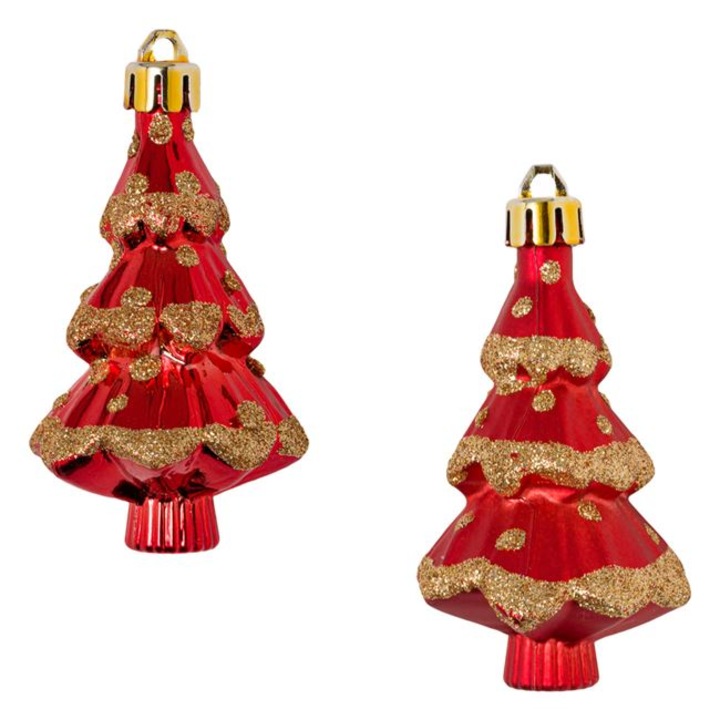 Set 3 ornamente de Craciun Shopiens® in forma de Brazi rosii, aspect glitter, 8 cm