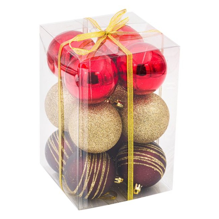 Set 12 globulete brad de Craciun Shopiens®, rosii bej maro cu aspect glitter si stralucitor, 7 cm