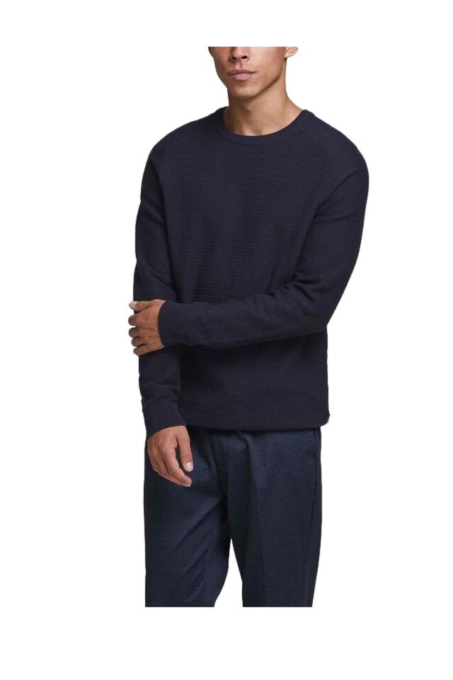 Pulover barbati Jack & Jones Textured Crew NC, Albastru inchis, L