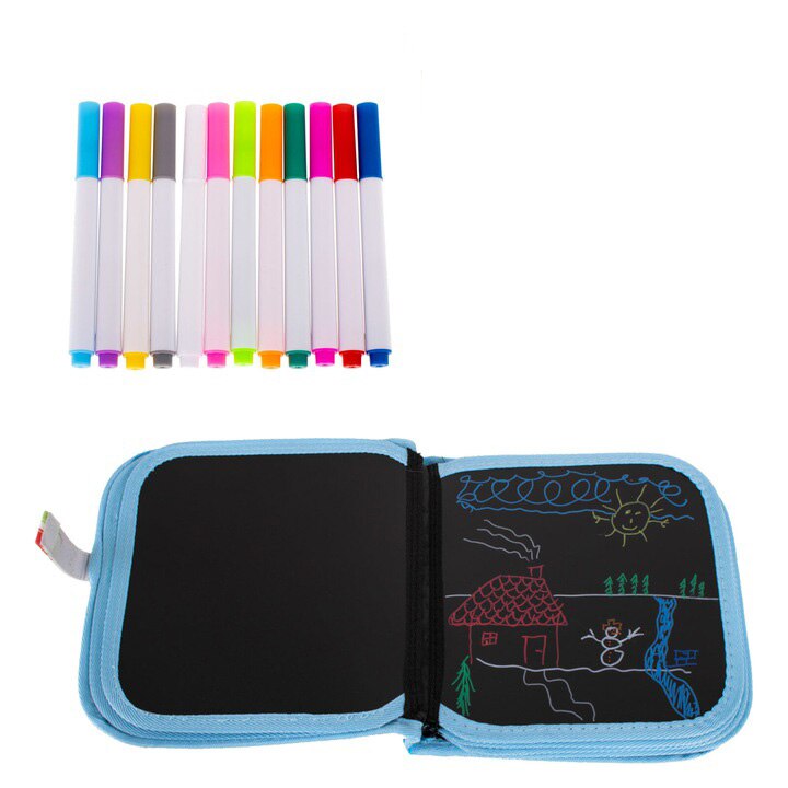 Caiet cu table negre pentru desenat, Zola®, coperta colorata, include 12 markere multicolore si 2 carpe pentru sters,21x22x4 cm