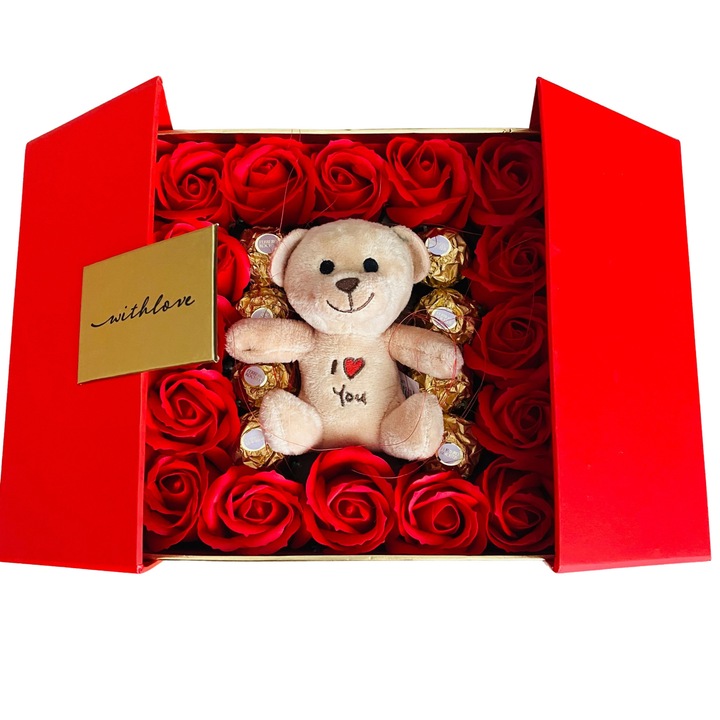 Cutie Cadou, Chocobox, pentru Femei, cu Ferrero Rocher, 15 Trandafiri si Ursulet