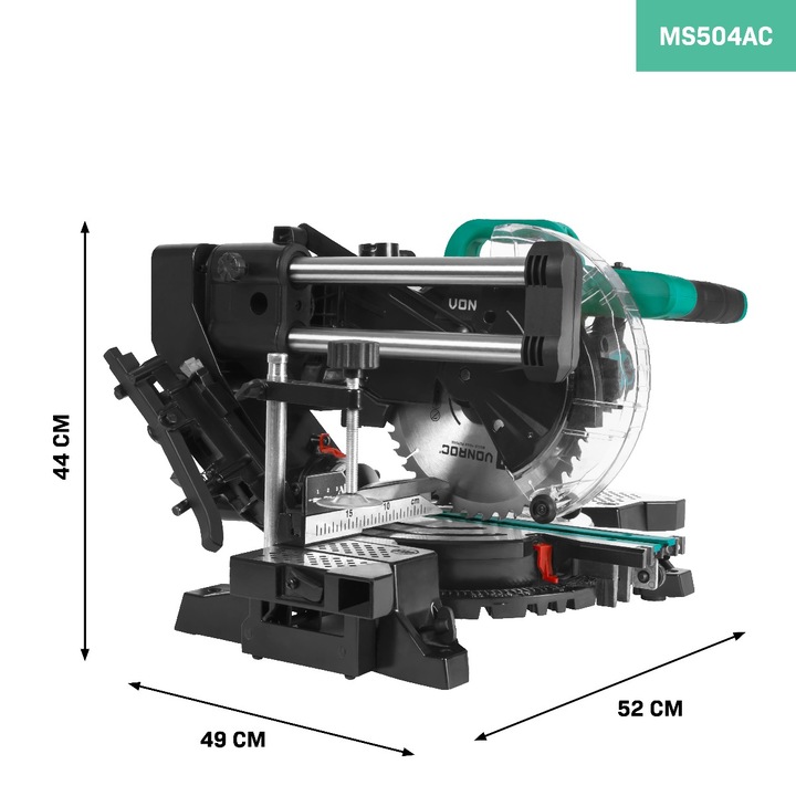 Fierastrau circular pentru taieri inclinate VONROC MS504AC, putere 2200W, diametru panza circulara 216mm, turatie 5200/min, ghidaj laser, lumina de lucru LED, sac colector praf, cheie imbus, cablu 2m, greutate 14kg