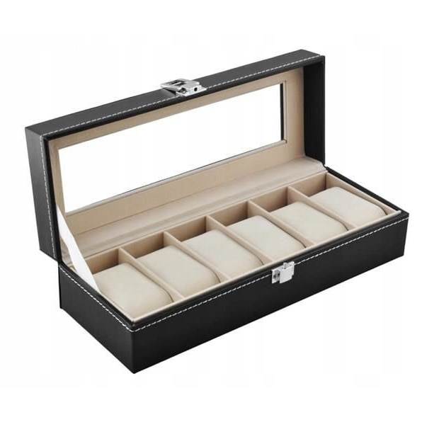 Cutie pentru depozitare 6 ceasuri, Zola®, piele ecologica, pernite moi, neagra