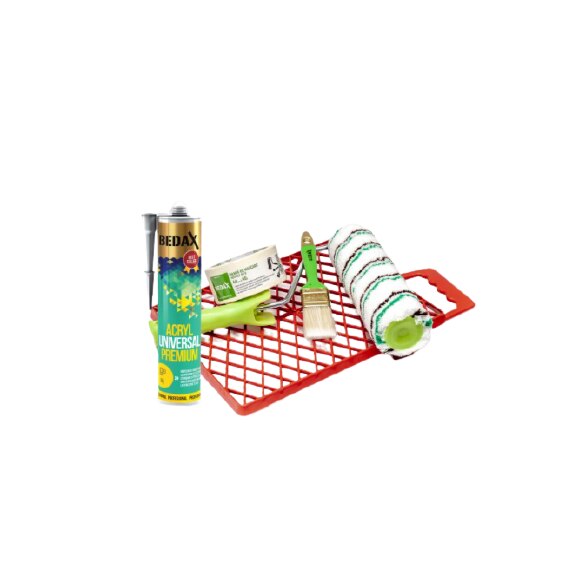 Set 5 elemente, Bedax, gratar plastic, trafalet microfibra, pensula, banda de hartie, silicon Acryl Universal Premium 280 ml