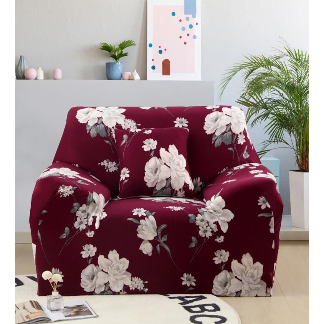 Husa Elastica Moderna pentru Fotoliu, Flori Albe, HES1-15