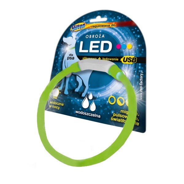 Zgarda caini din silicon Hilton cu leduri, Verde, reincarcabila cu USB inclus, 40 cm