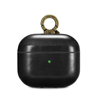 Husa pentru AirPods 3, iCarer, din piele naturala, interior microfibra, decupaj indicator LED, cu carabina, Negru Husa pentru AirPods 3, iCarer, din piele naturala, interior microfibra, decupaj indicator LED, cu carabina, Negru
