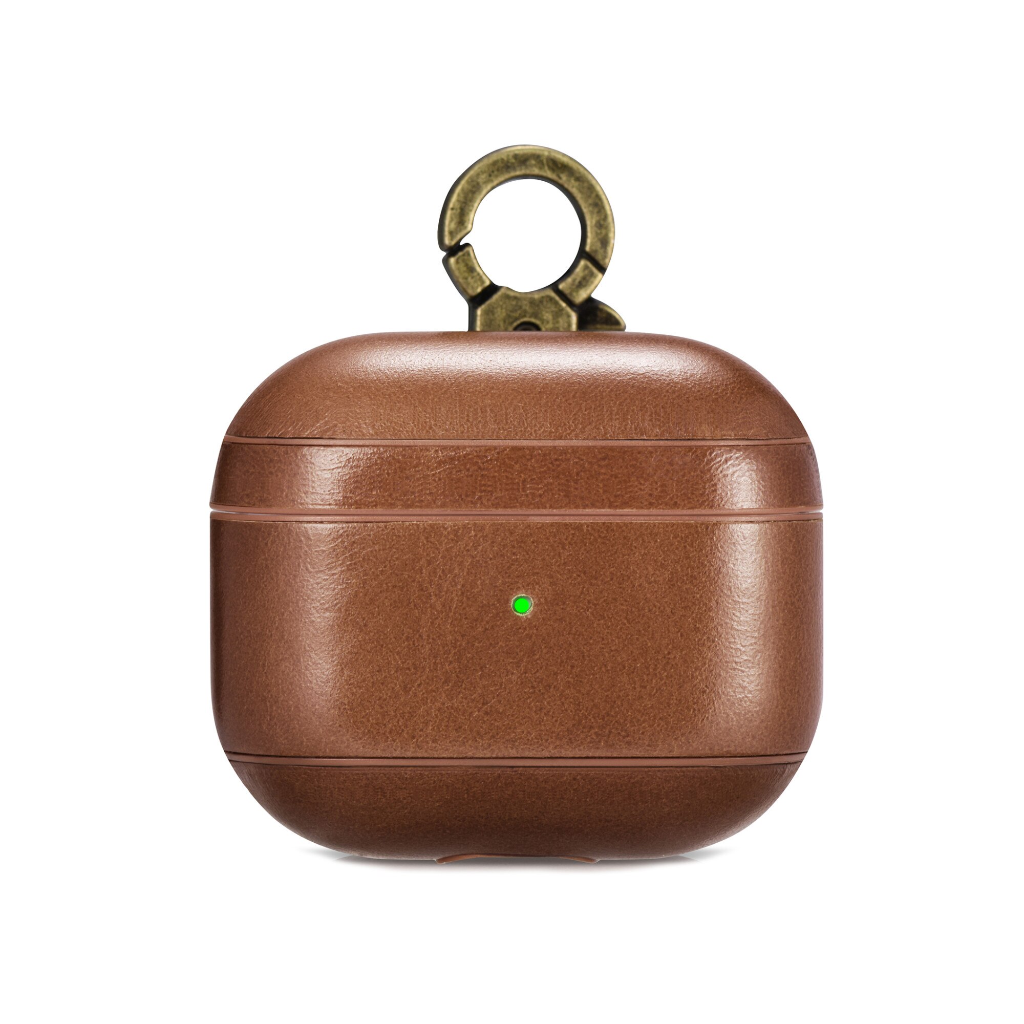 Husa pentru AirPods 3, iCarer, din piele naturala, interior microfibra, decupaj indicator LED, cu carabina, Maro coniac