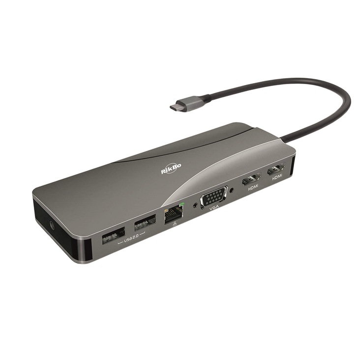 RikBo® 14 в 1 USB-C хъб, 1x 1000Mbps RJ45, 2x 4k HDMI, 1x VGA порт, 3x USB3.0, 2xUSB2.0, 1x USB-C порт за данни, 1x TypeC PD порт, 1 x AUX порт, 2x SD / TF